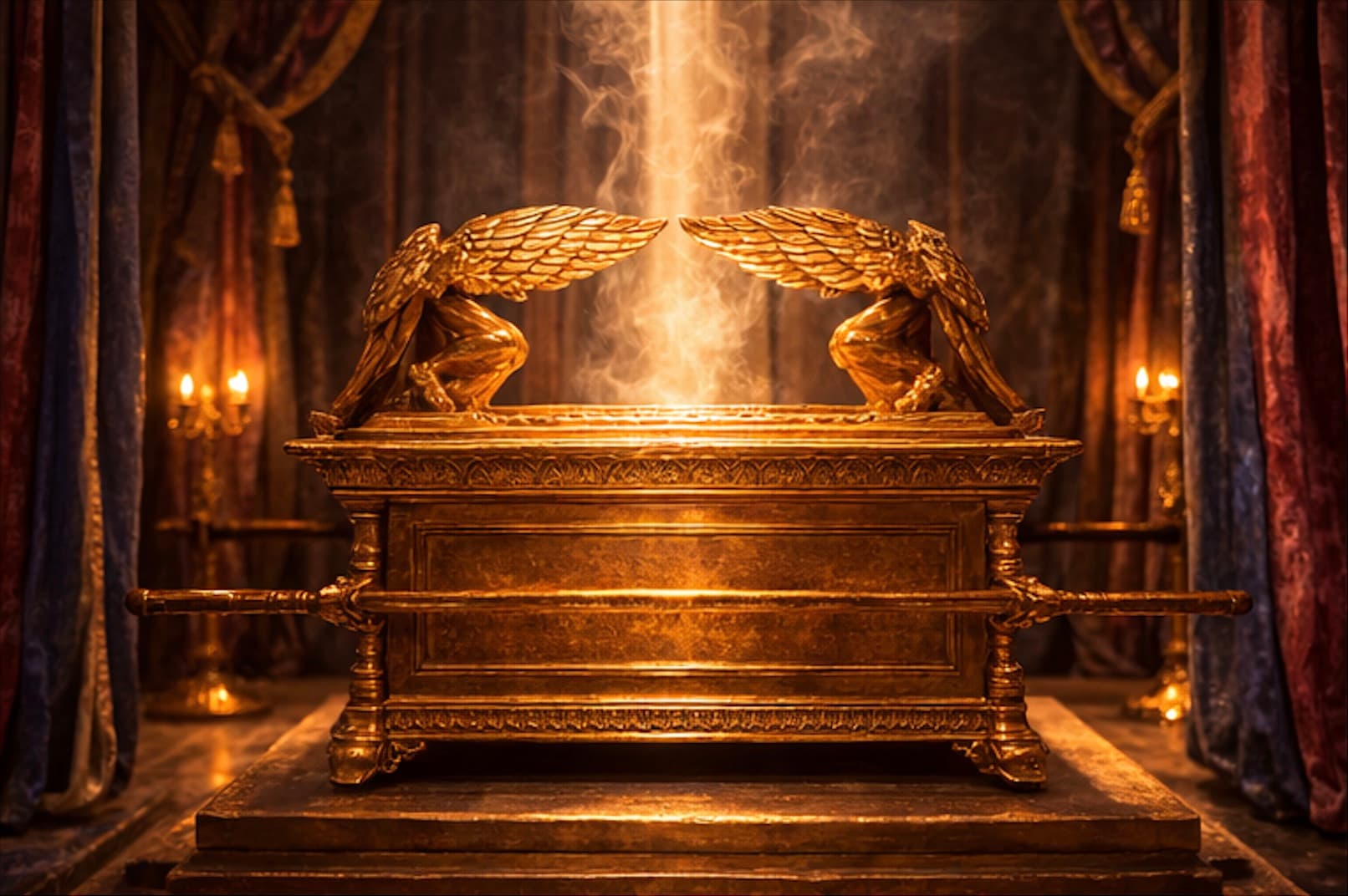 The Ark of the Covenant — a gold chest overlaid with two cherubim facing one another above the mercy seat, set behind the veil.